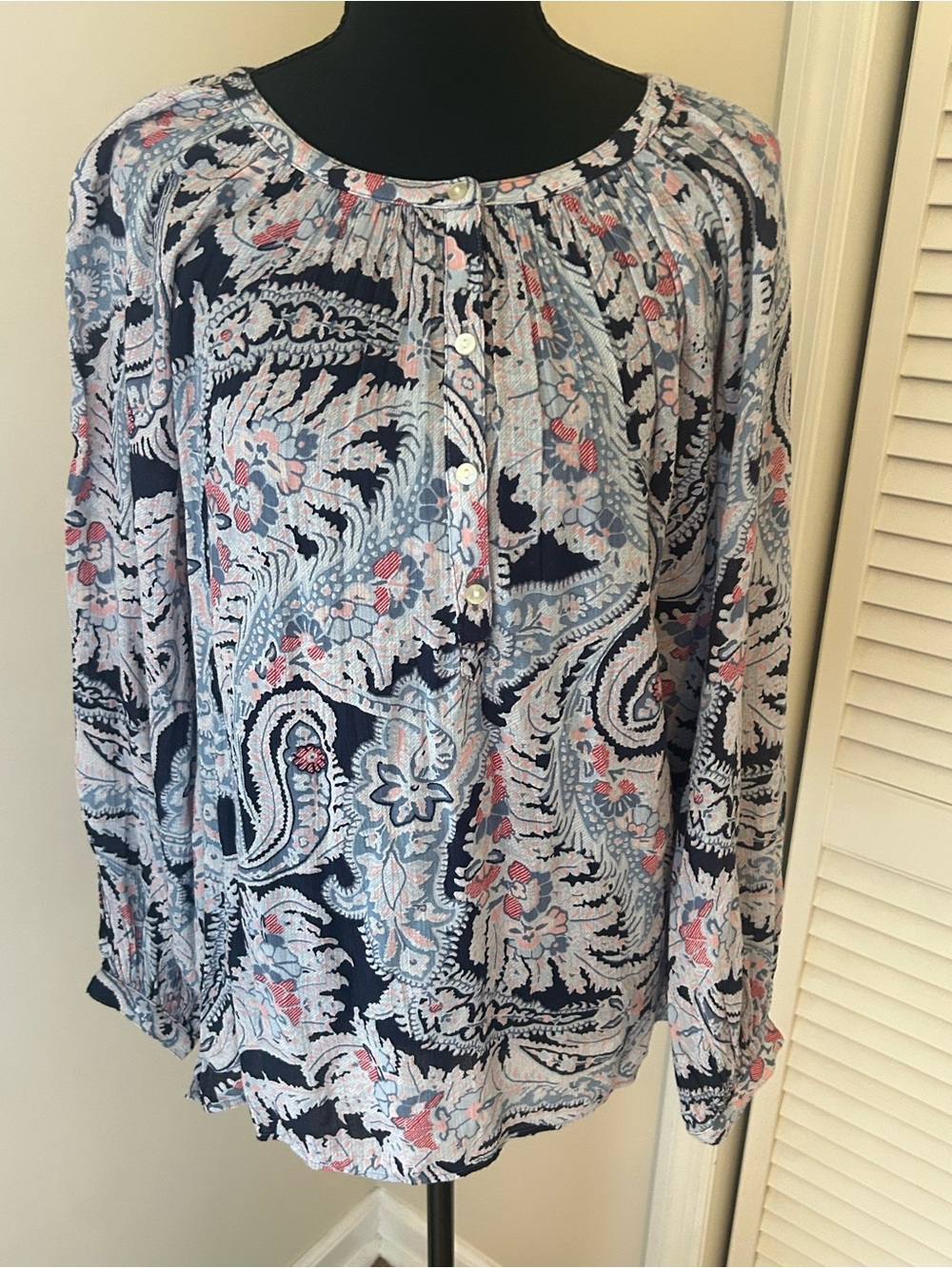 Chaps Navy Paisley Button-Front Blouse with Pink & Light Blue Accents